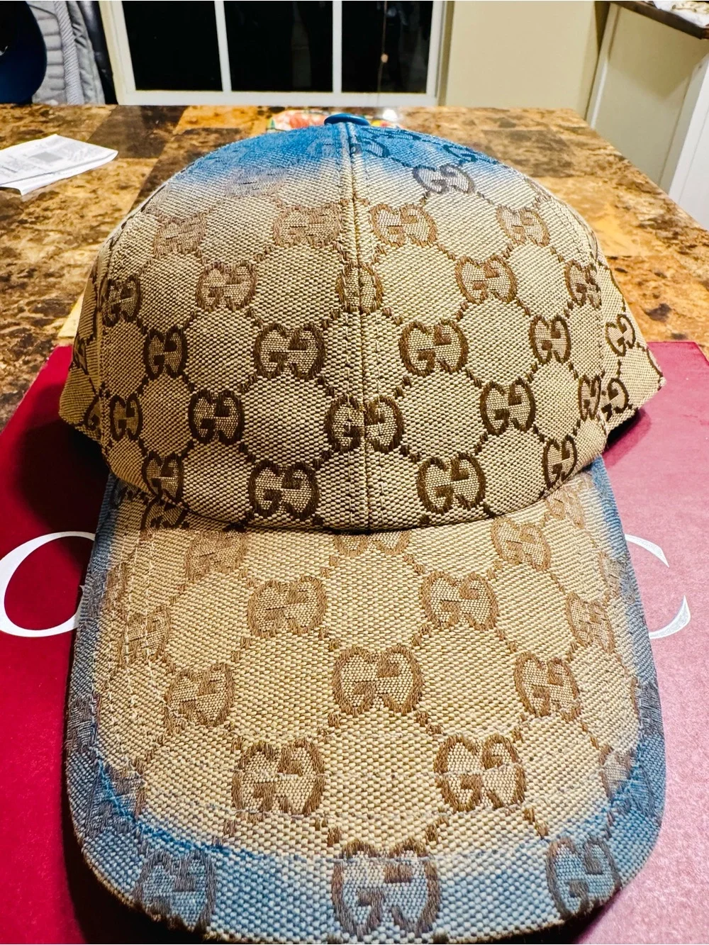 Gucci Beige & Brown GG Canvas Baseball Cap with Blue Tint